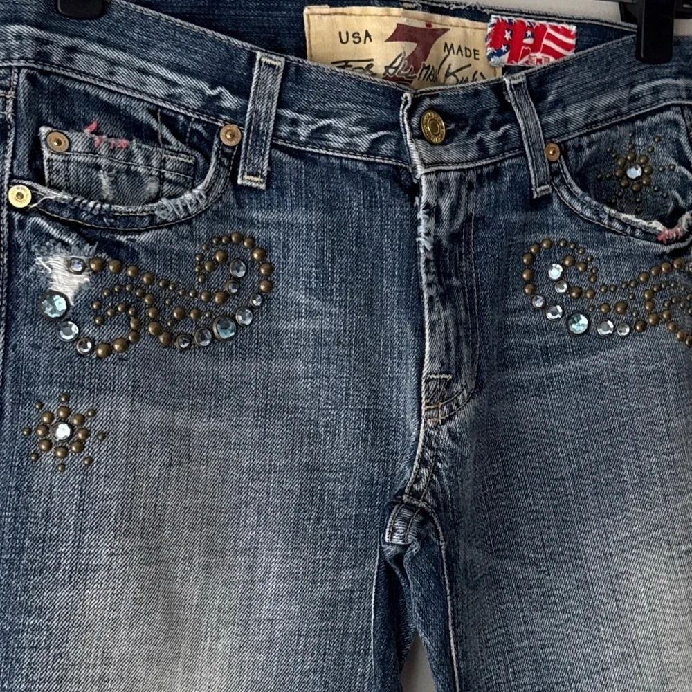 7FAM Great China Wall Y2K Low Rise Flare Swarovski Crystal Studded Jeans Sz 27